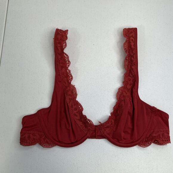 Aerie Happy Size 32A Bra Very Sexy Lined Demi Push Up Underwire Red Lace Plunge - Picture 2 of 15